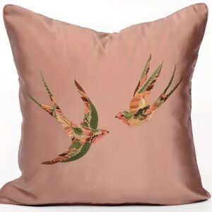 NEW - Beautiful Satin-Like Embroidered Flying Swallows/Birds Throw Pillow Cover